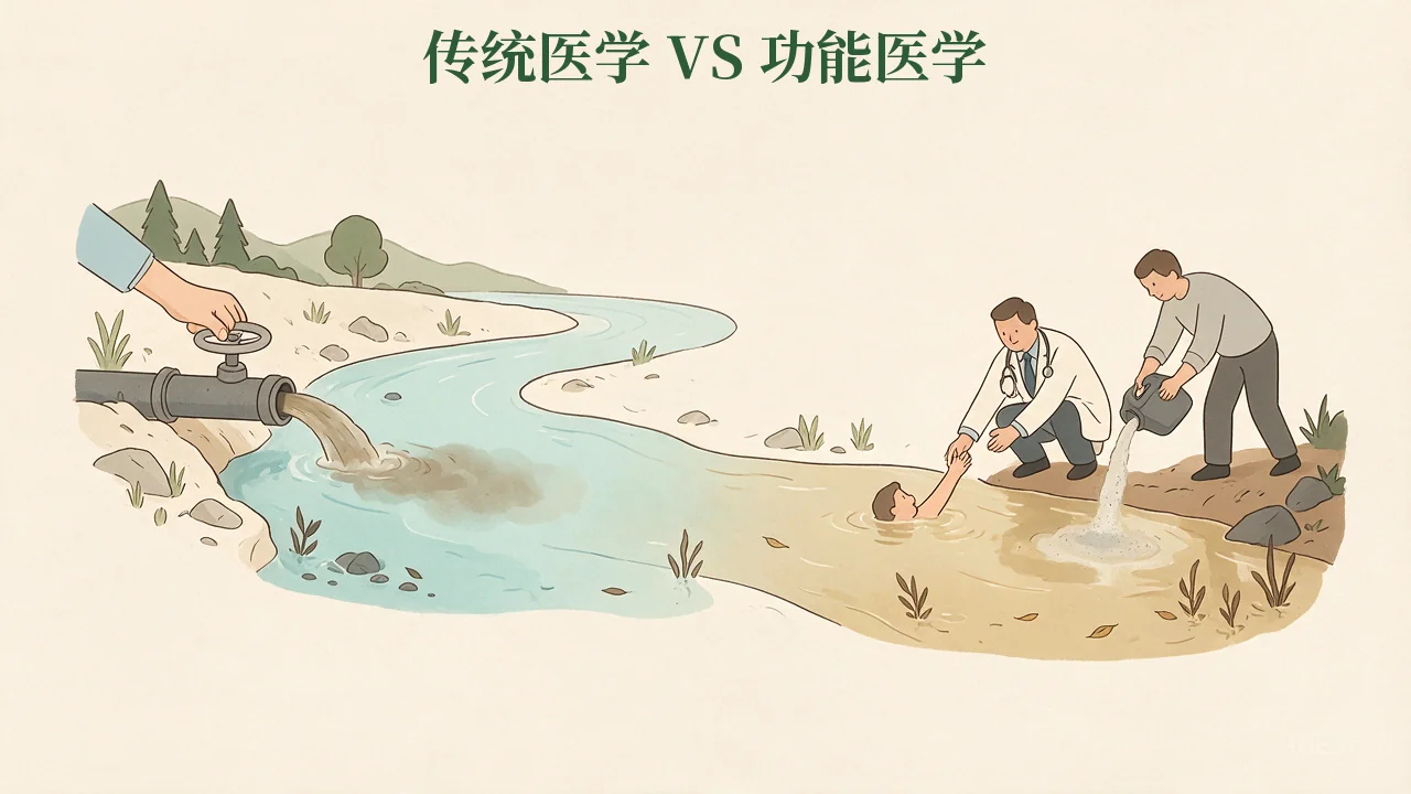 传统医学与功能医学的视角对比：传统医学多治已病、压症状；功能医学调失衡、养功能——抗衰的思路，是往上游走。