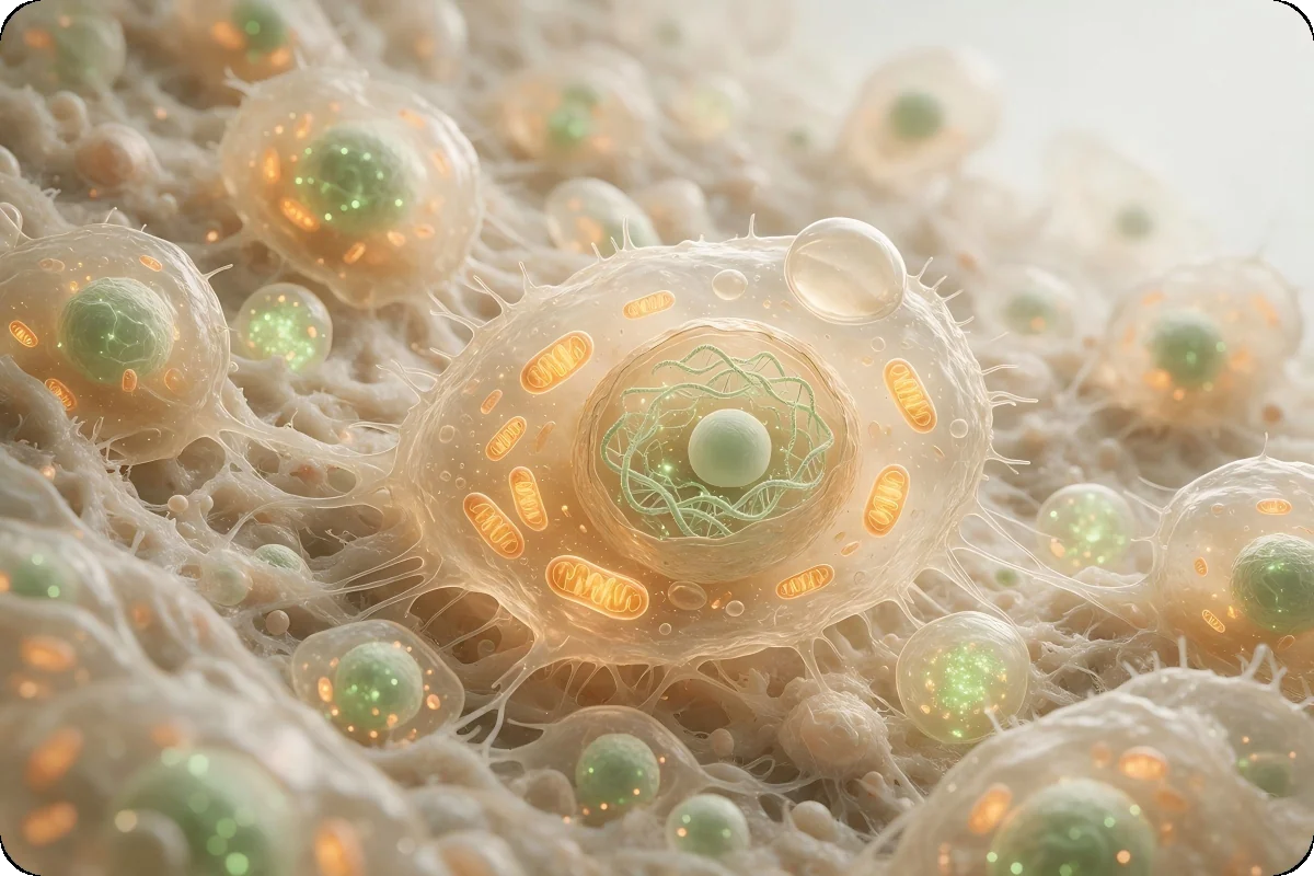 写实显微镜下的细胞：线粒体如能量工厂、DNA 如基因图纸、周围土壤如慢性炎症；大约 37 万亿个细胞，每一个都是个小房子