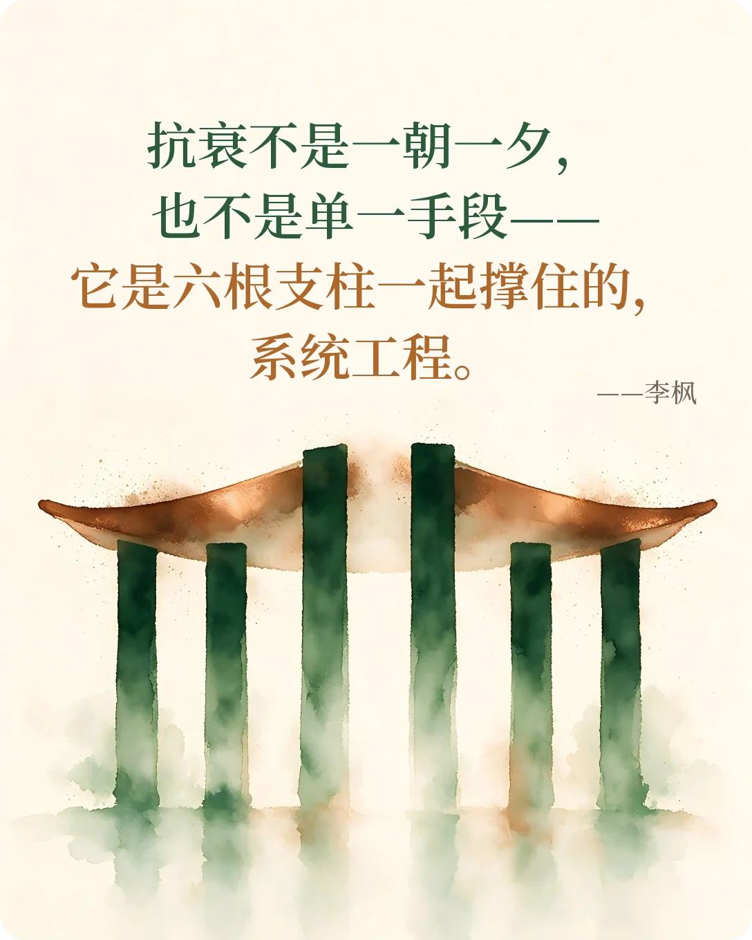 抗衰不是一朝一夕，也不是单一手段——它是六根支柱一起撑住的，系统工程。— 李枫