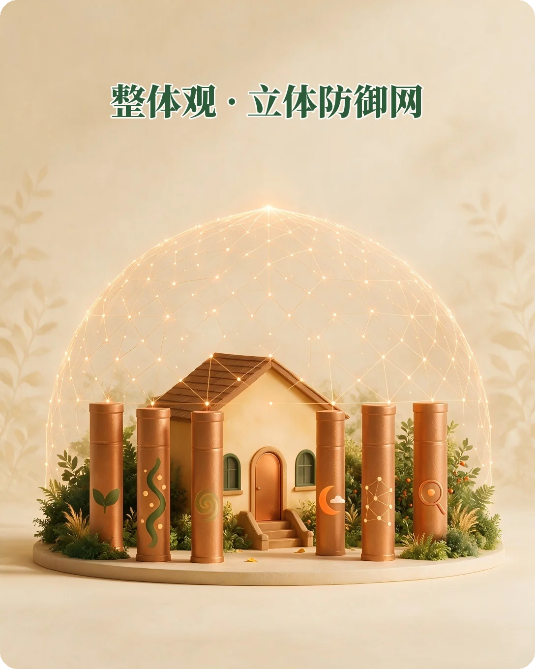 抗衰整体观隐喻：一座房子由六根支柱撑起，外面罩着一张立体防御网——营养·运动·心态·睡眠·社交·监测，缺一不可