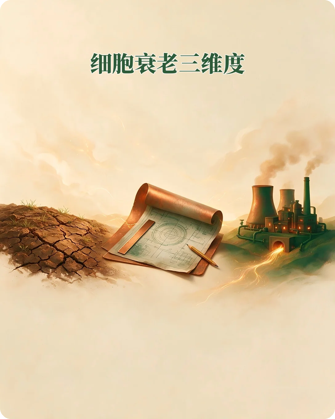 细胞衰老三大维度隐喻：发炎的土壤（微环境慢性炎症）、磨损的图纸（DNA受损）、掉电的发电厂（线粒体受损），三处一起老化构成衰老底层逻辑