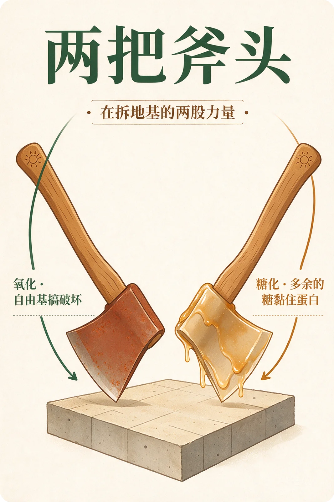 两把斧头：氧化是自由基搞破坏，糖化是多余的糖黏住蛋白