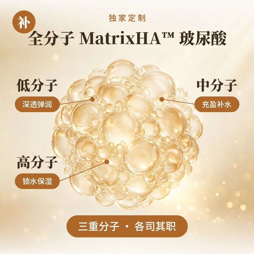 全分子 MatrixHA™ 玻尿酸：低分子深透弹润、中分子充盈补水、高分子锁水保湿，三重分子各司其职